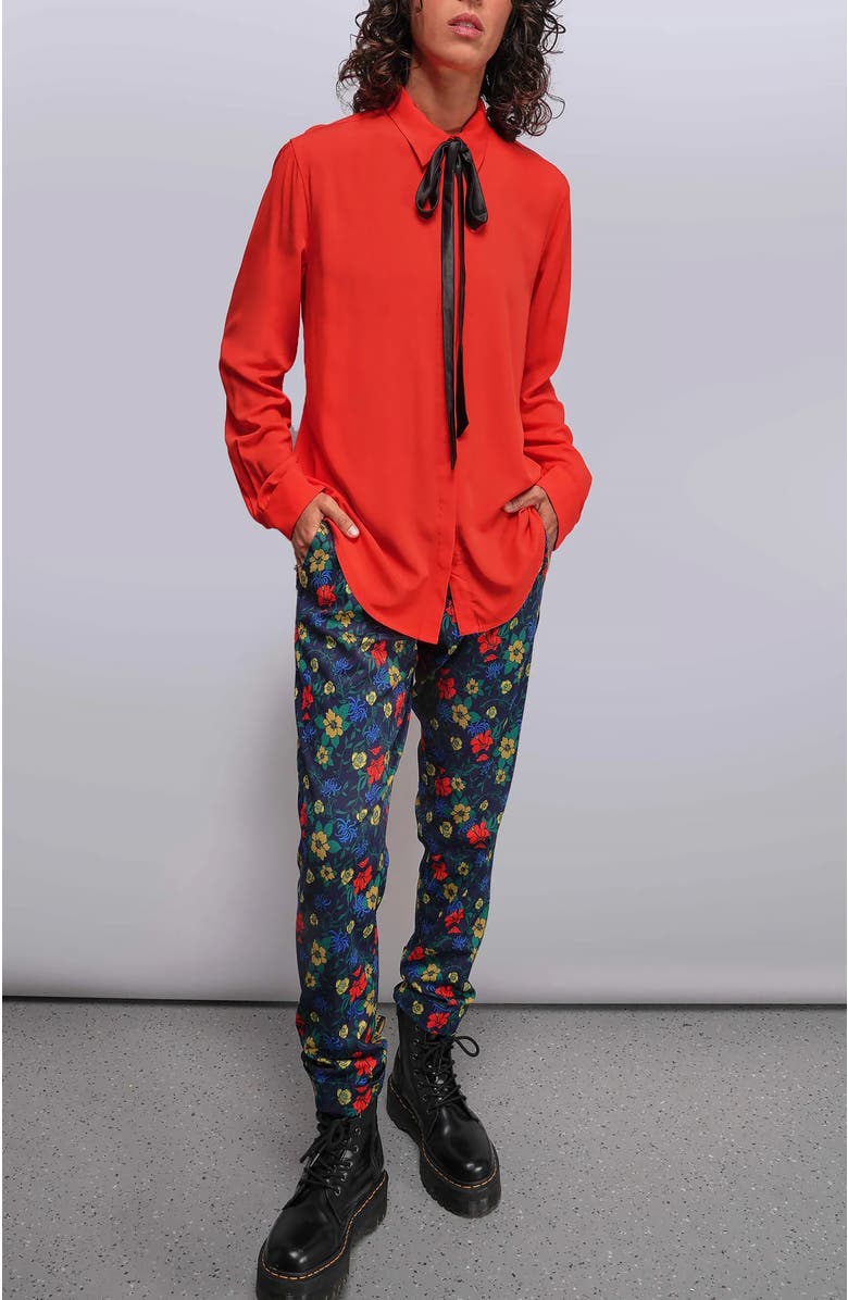 WILDFANG The Empower long Sleeve Bow Button Up, Alternate, color, Chili/Black