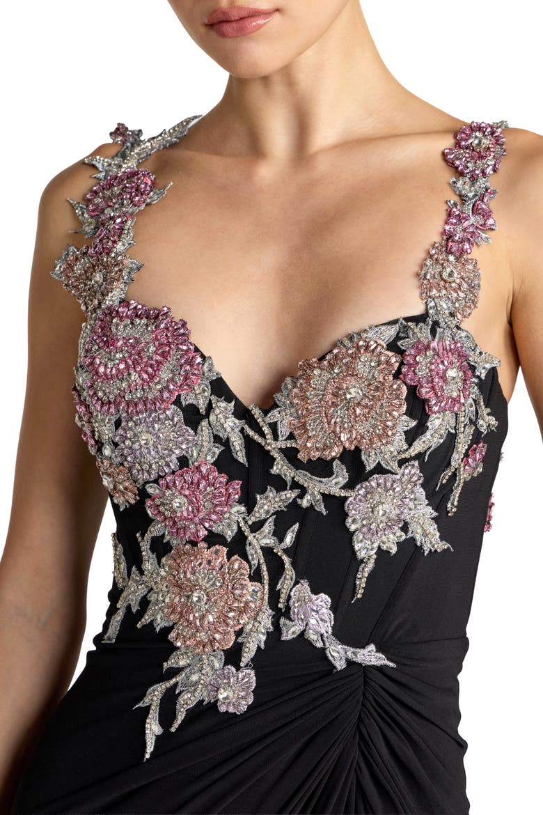 Sweetheart Jersey Gown With Beaded Flowers, Alternate, color, Black Multi