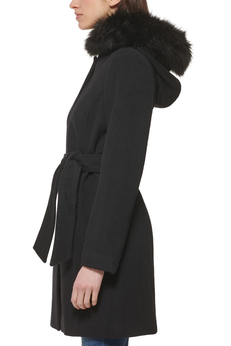 Faux Fur Trim Wool Blend Jacket, Alternate, color, BLACK