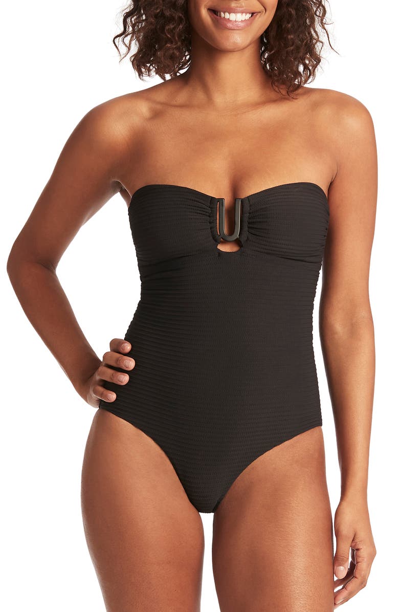 Sea Level U-Bar Bandeau One-Piece Swimsuit, Main, color, Black