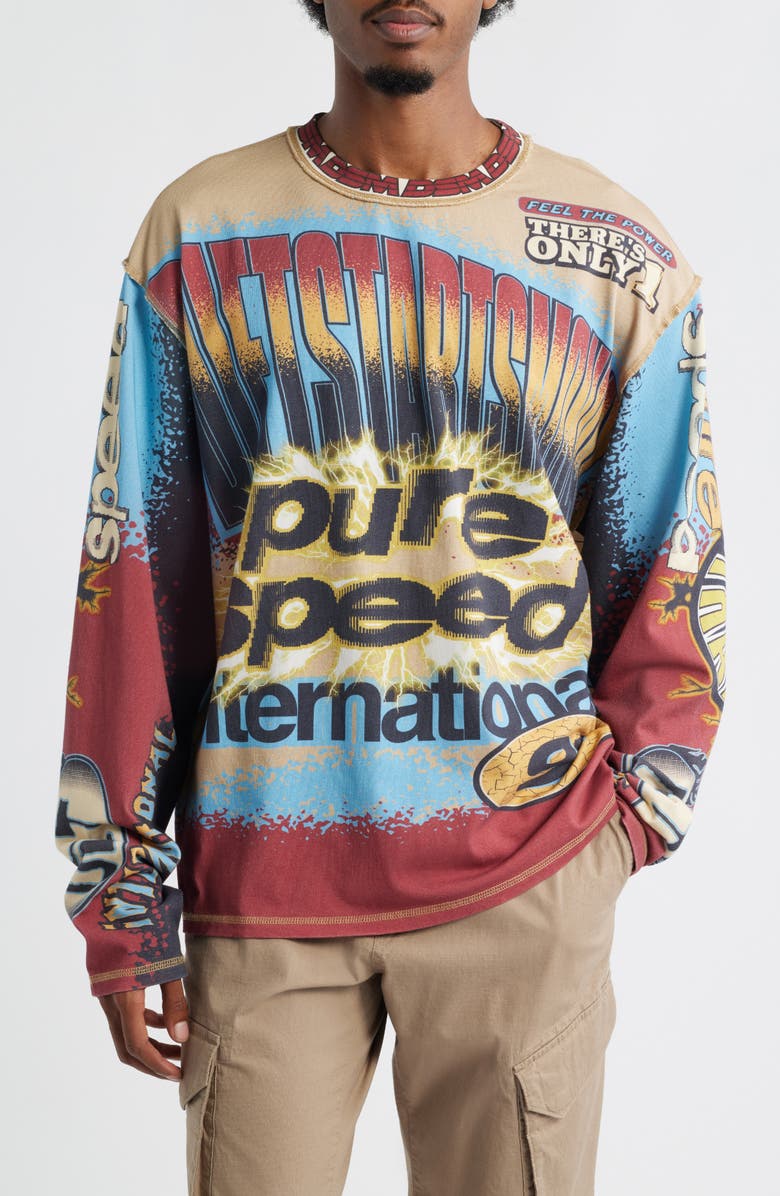 DIET STARTS MONDAY MX Racing Long Sleeve Cotton Graphic Print T-Shirt, Main, color, Tan/Blue/Multi