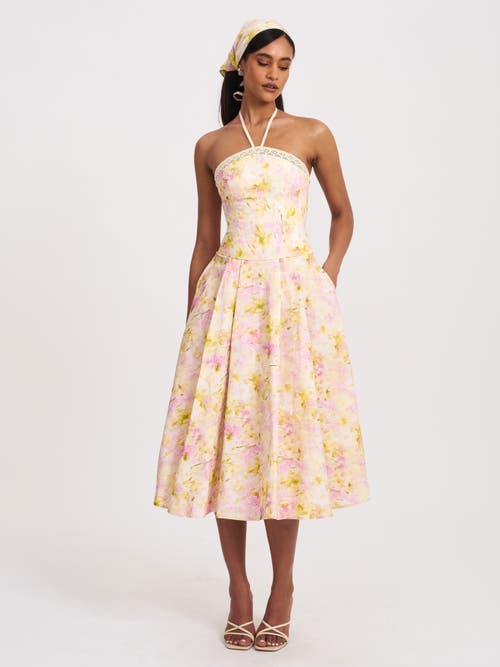 Miss Circle Women Zaina Yellow Pink Floral Print Lace Trim Linen Midi Dress In Brown