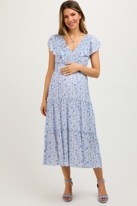 Floral Front Ruched Ruffle Shoulder Tiered Midi Dress