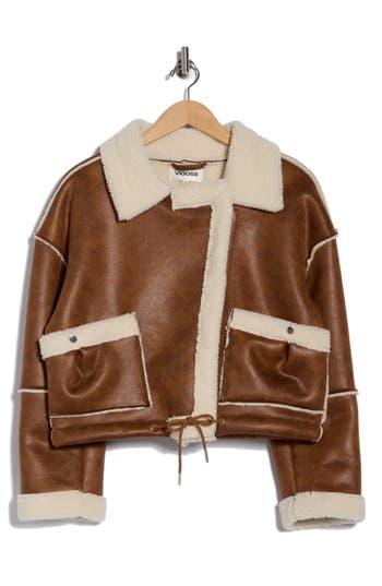 Vigoss Faux Shearling Lined Moto Jacket In Brown