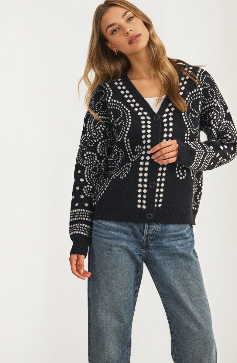 Knit and Lounge Relaxed Modern Fit Patterned Button Cardigan, Alternate, color, Black
