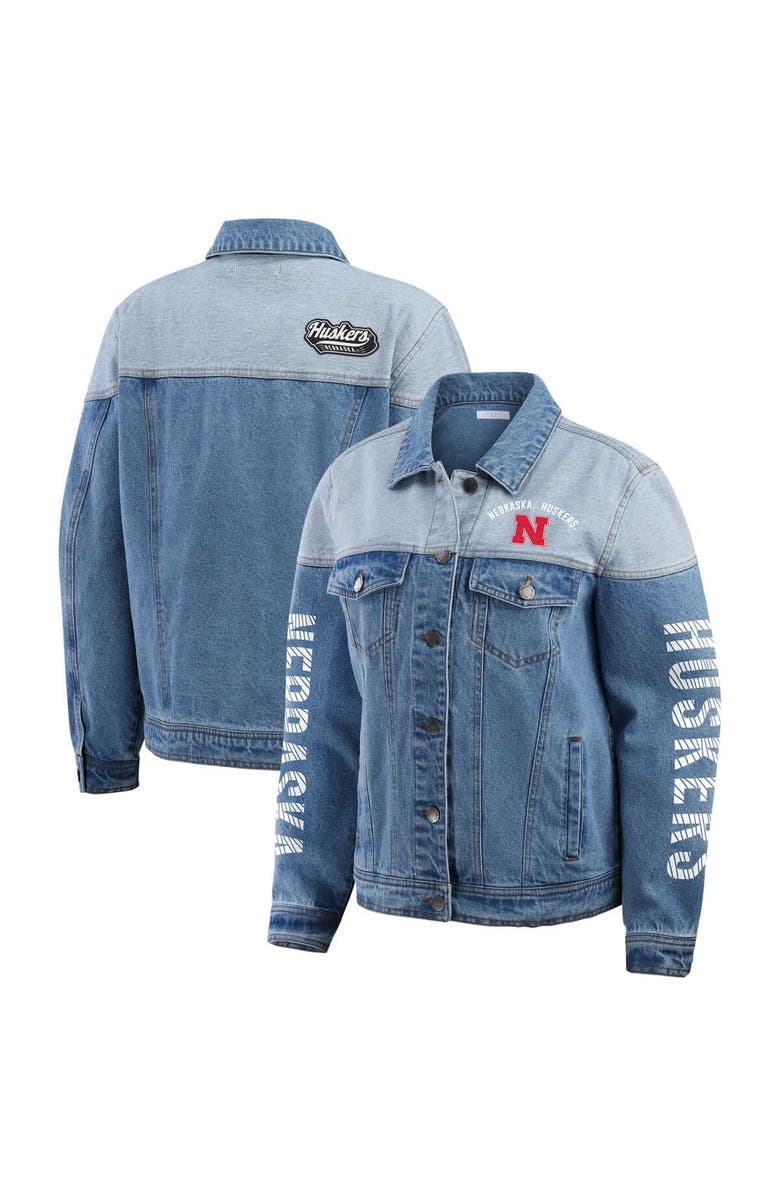 WEAR by Erin Andrews Women's WEAR by Erin Andrews Denim Nebraska Huskers Sleeve Hit Colorblock Button-Down Denim Jacket, Main, color, Denim