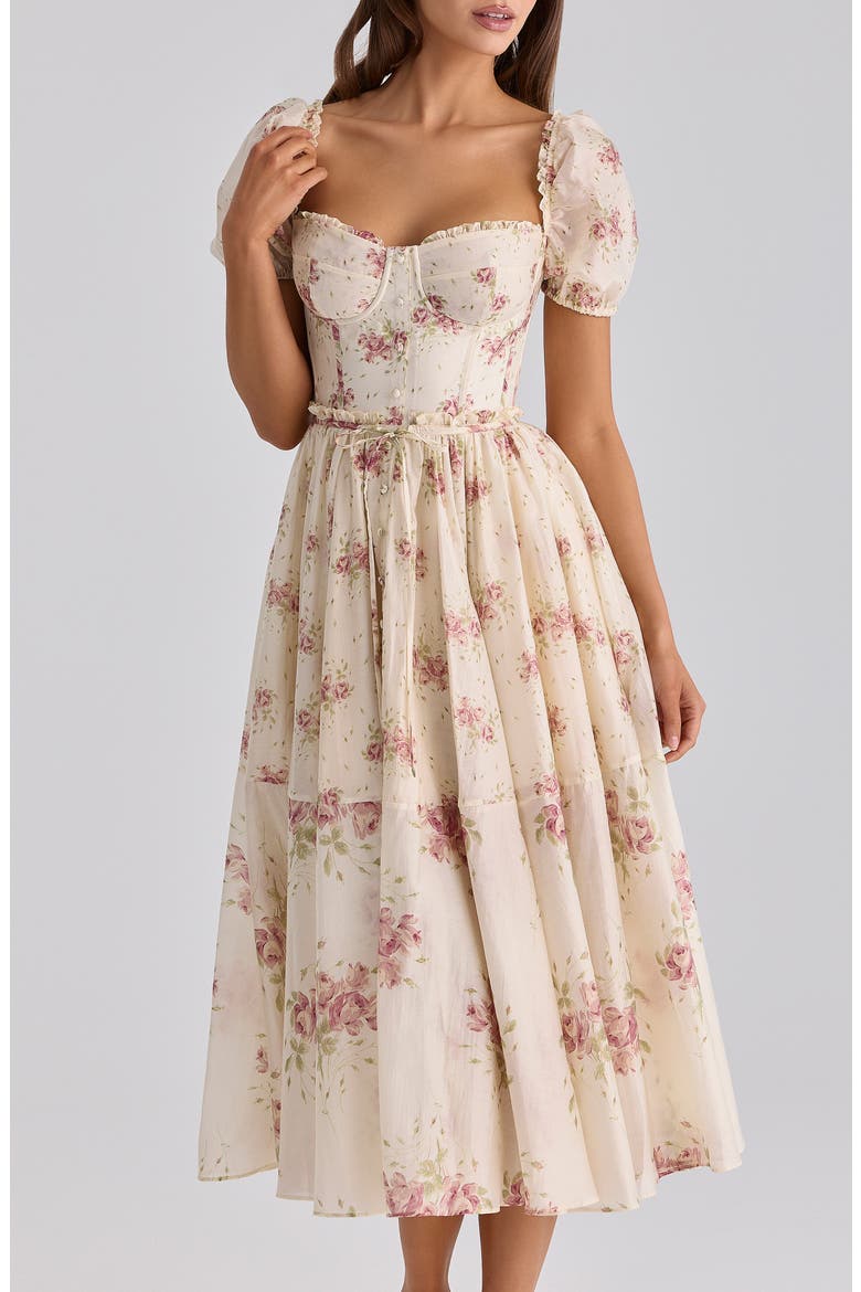 Penelope Floral Puff Sleeve Corset Chiffon Midi Dress, Alternate, color, IVORY VINTAGE ROSE PRINT