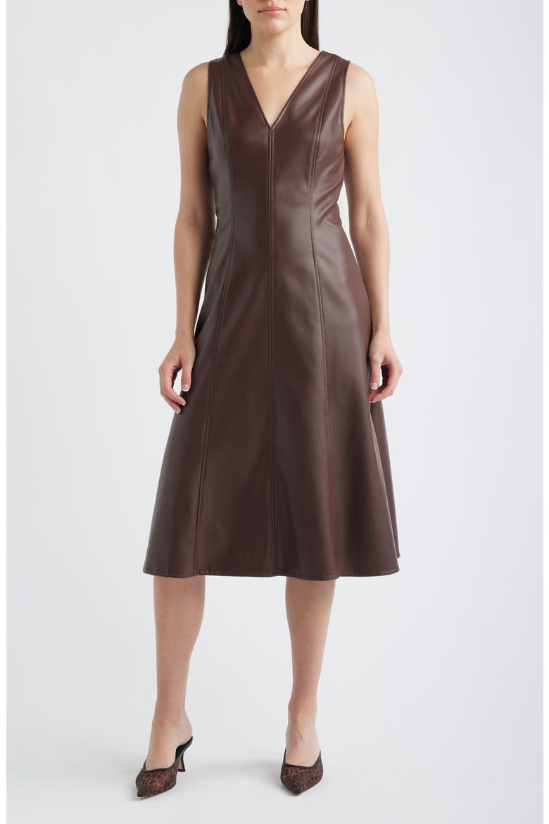 V-Neck Faux Leather Fit & Flare Midi Dress, Main, color, FRENCH ROAST
