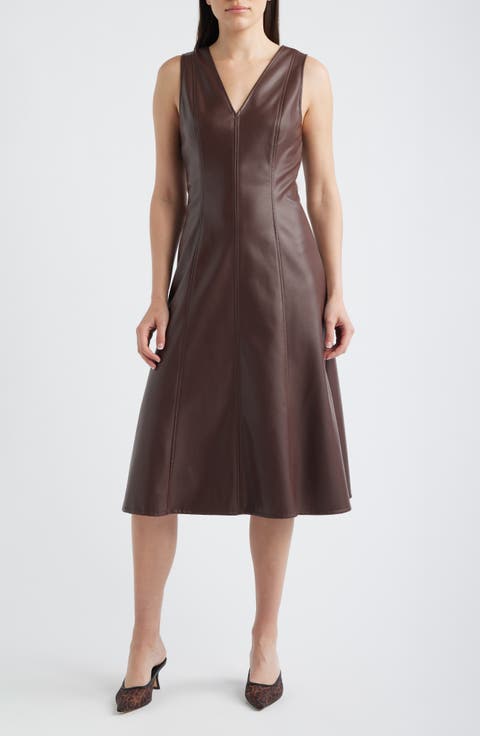 V-Neck Faux Leather Fit & Flare Midi Dress