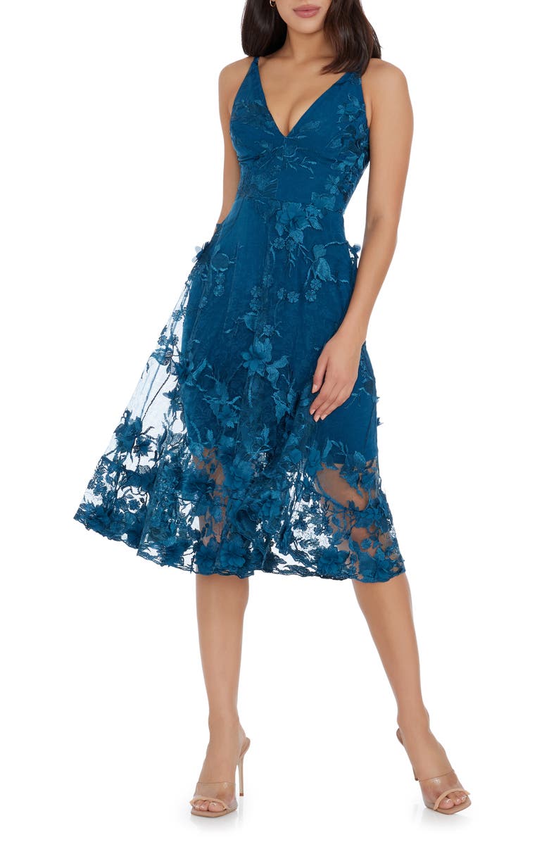 Dress the Population Audrey Embroidered Fit & Flare Dress, Main, color, Peacock Blue