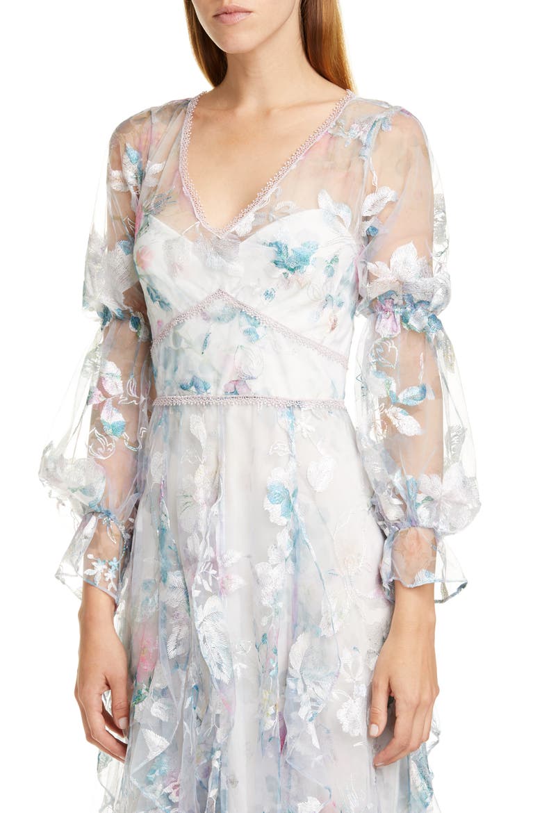 Embroidered Long Sleeve Tulle Midi Dress, Alternate, color, IVORY