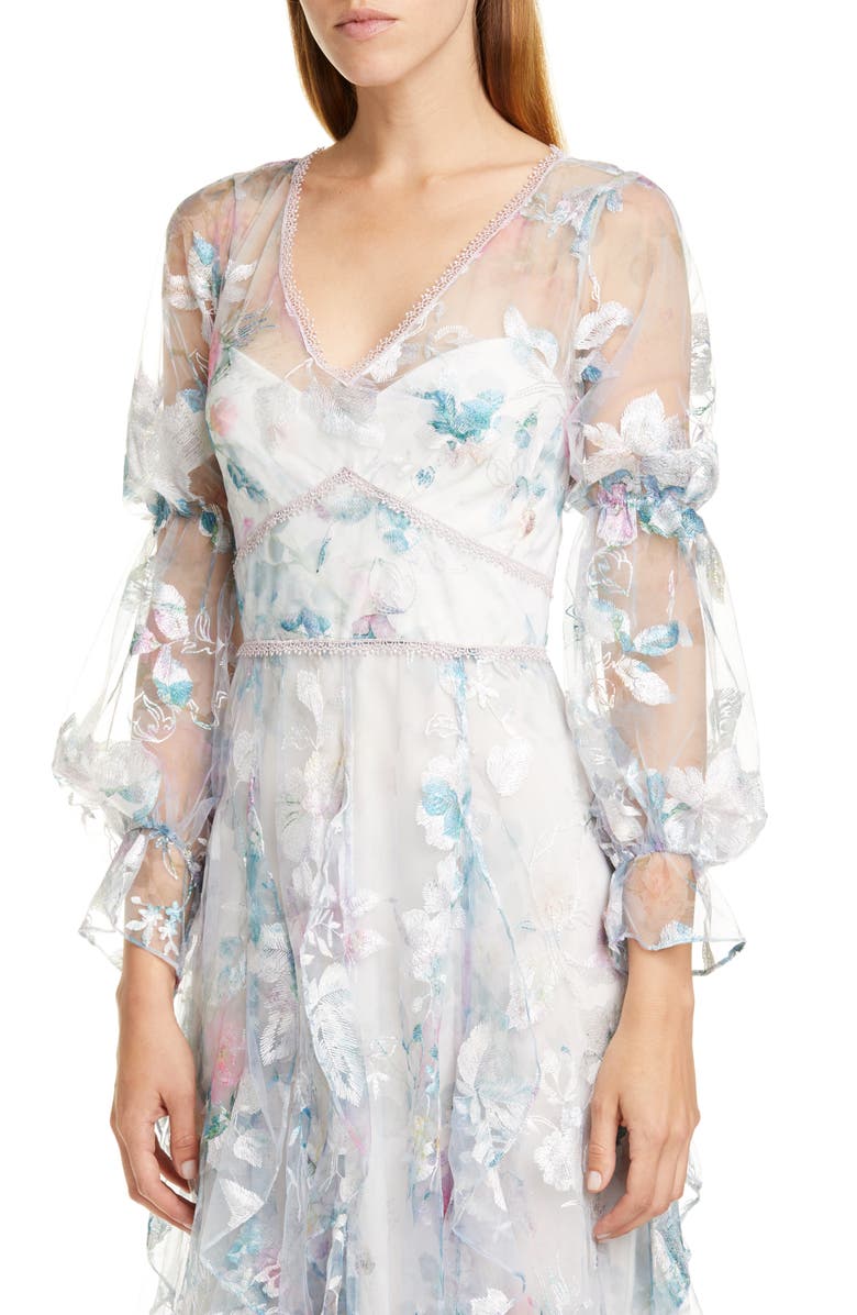 Marchesa Notte Embroidered Long Sleeve Tulle Midi Dress, Alternate, color,