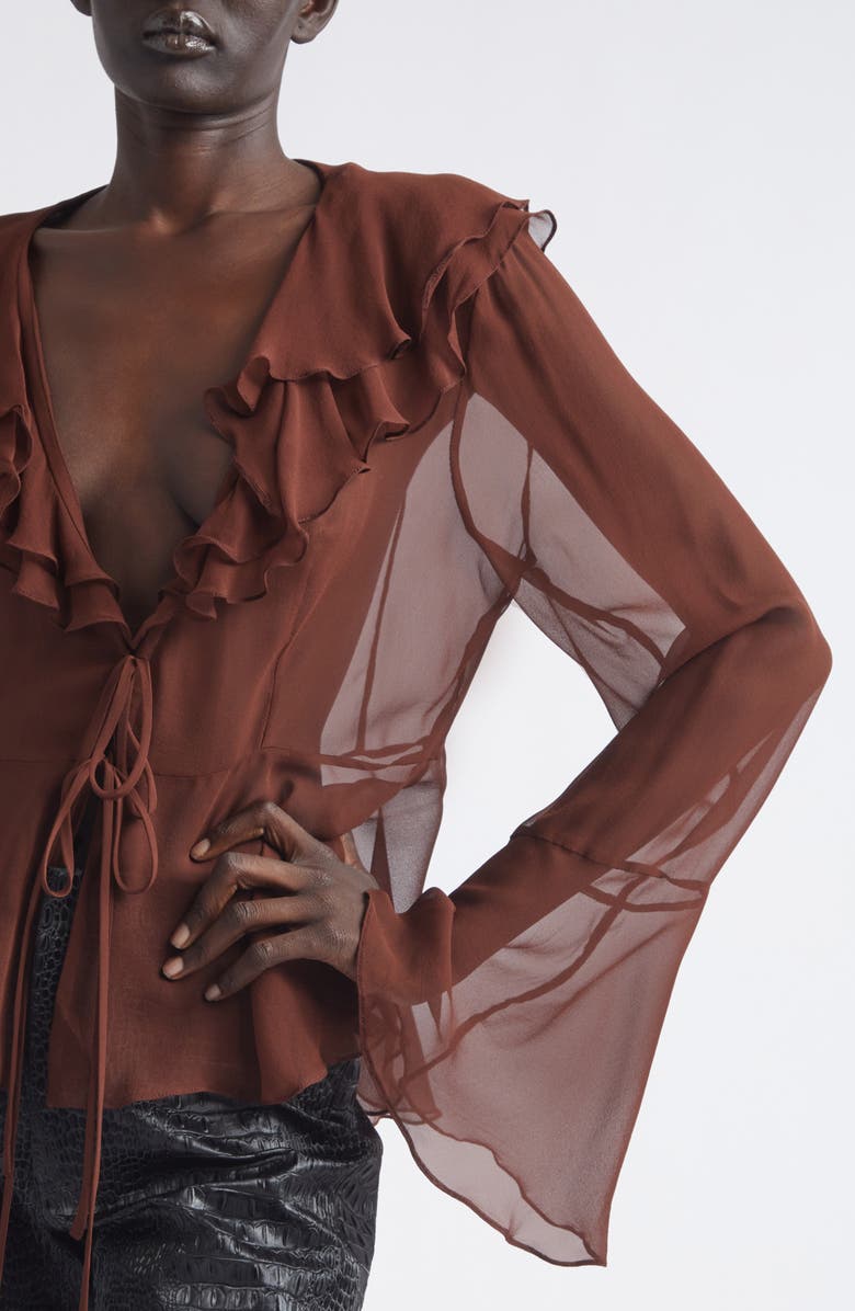 KIM SHUI Arianna Silk Chiffon Tie Shirt, Alternate, color, Brown
