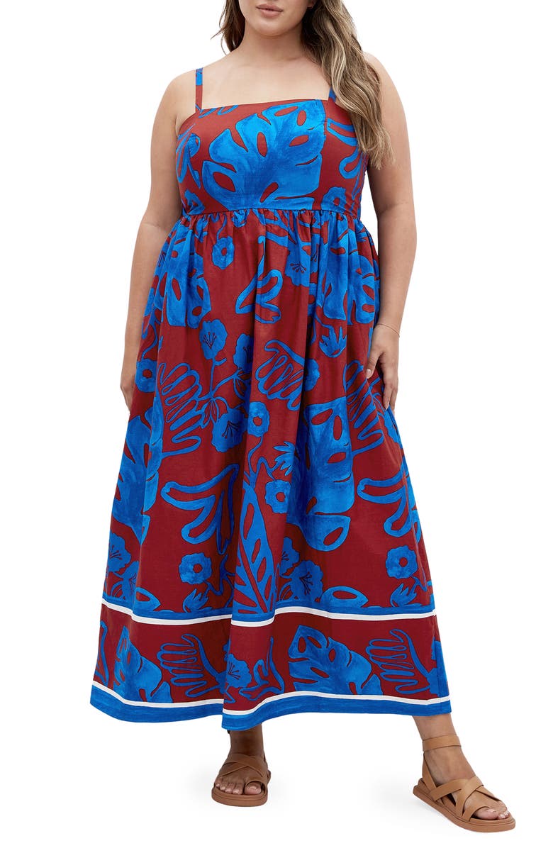 City Chic Giana Floral Cotton Sundress, Main, color, Blue Border Seville