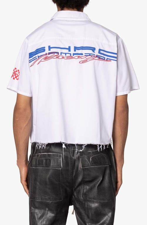 Mnml Shrc Pit Crew Fray Hem Crop Button-up Shirt In White
