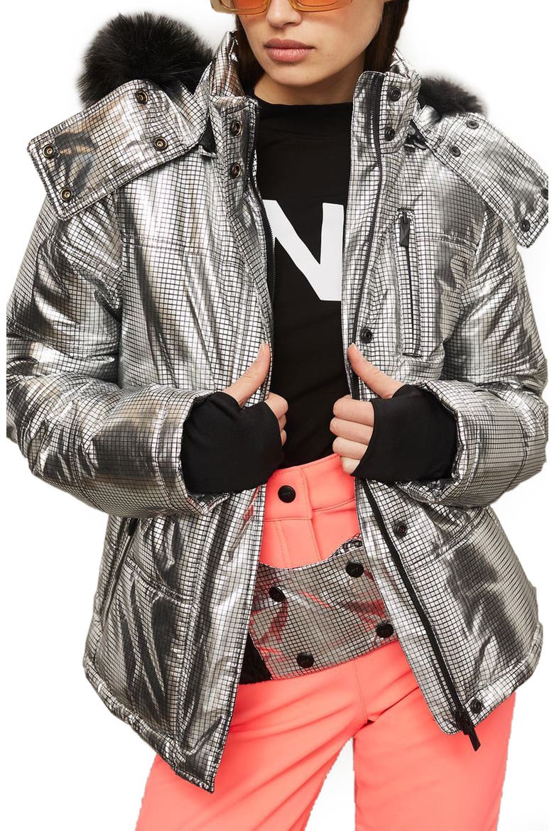 SNO Rio Faux Fur Hood Metallic Puffer Jacket, Main, color, SILVER