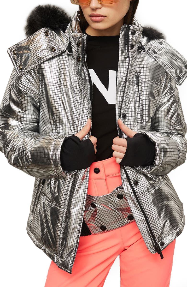Topshop SNO Rio Faux Fur Hood Metallic Puffer Jacket, Main, color,