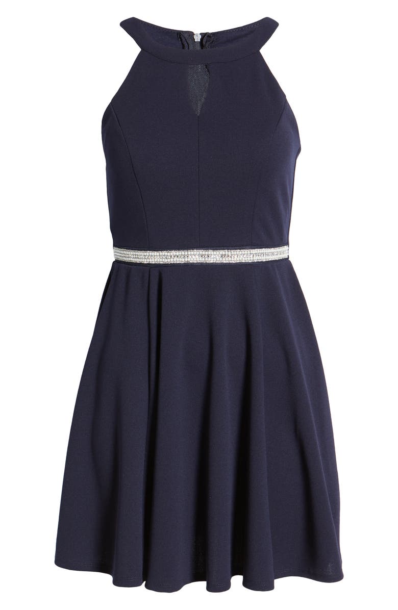 LNL Embellished Keyhole Cutout Skater Dress, Alternate, color, Navy
