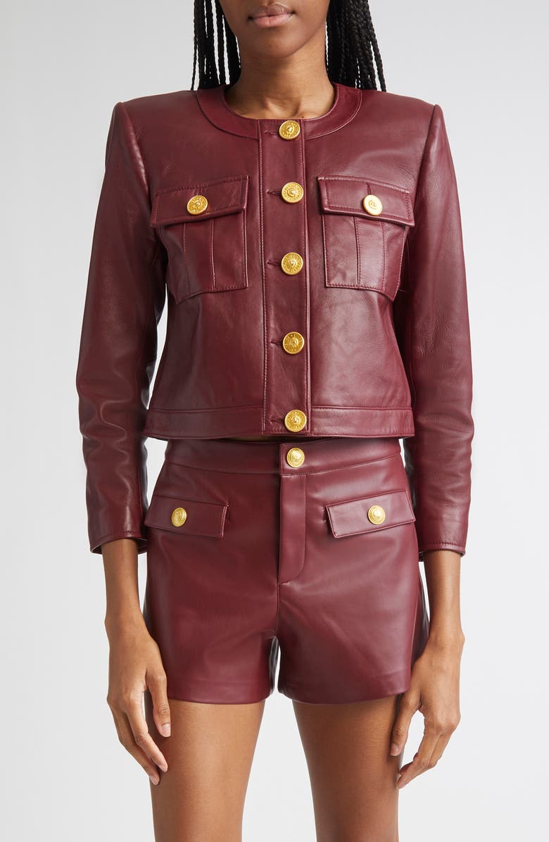 L'AGENCE Deidra Lambskin Leather Crop Jacket, Main, color, Black Cherry