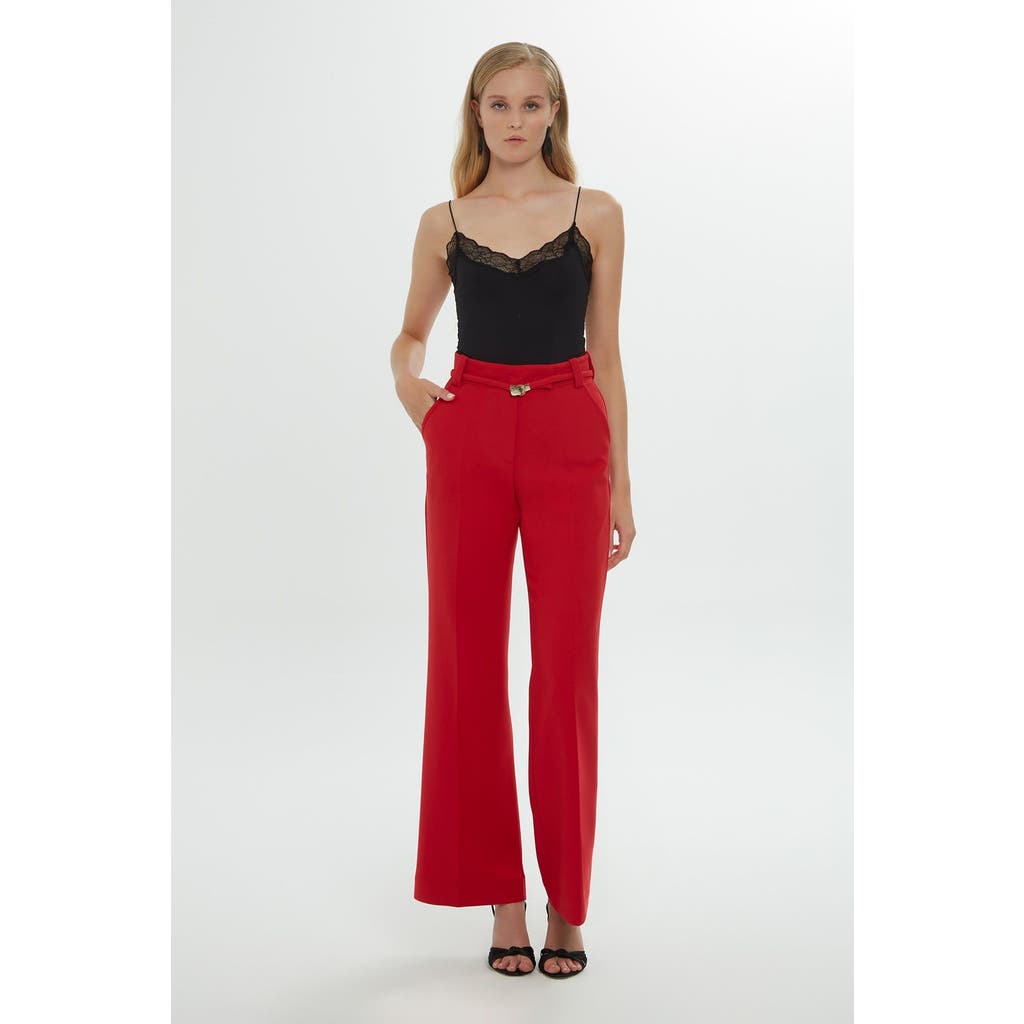 Gizia Pleated Stitch Classic Ecru Palazzo Pants In Red