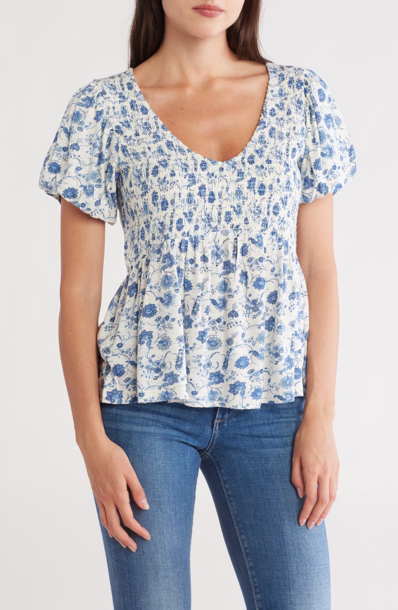 Lucky Brand Floral Smocked Puff Sleeve Top, Main, color, 