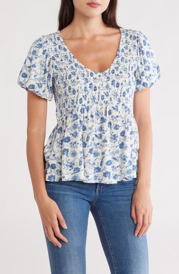 Lucky Brand Floral Smocked Puff Sleeve Top