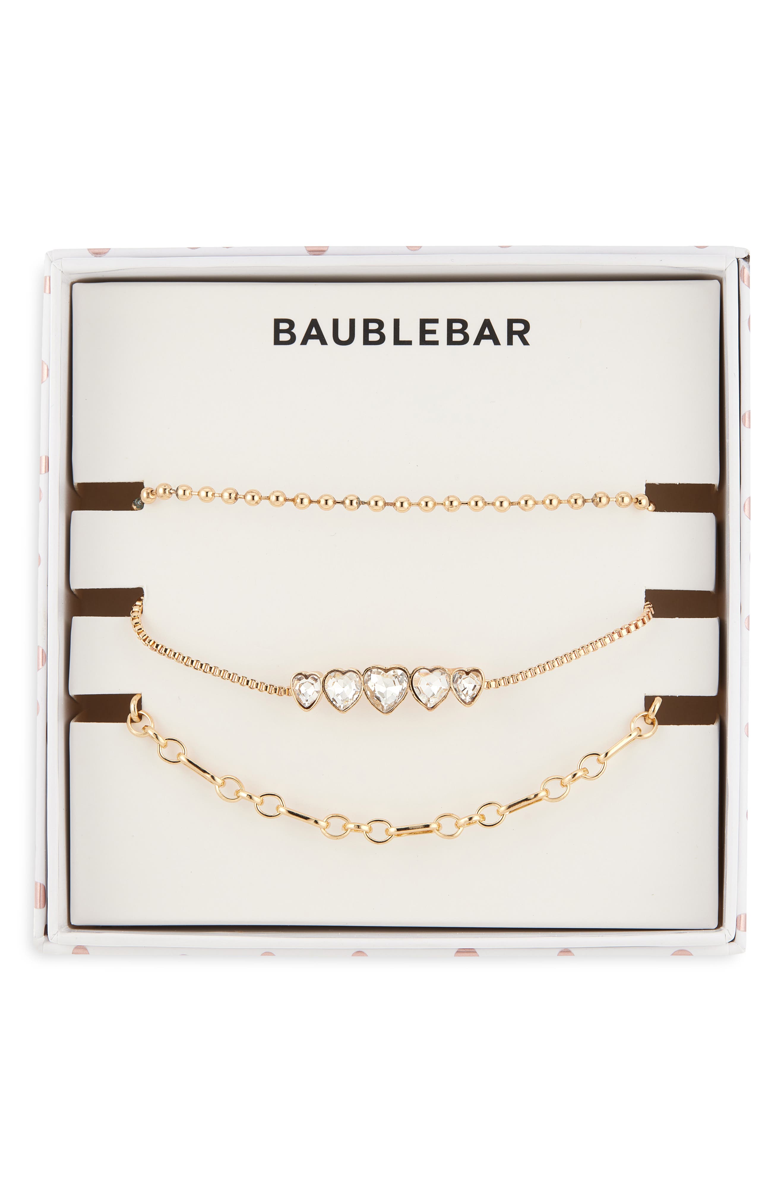 BaubleBar Layers of Love Set of 3 Crystal Heart & Chain Bracelets