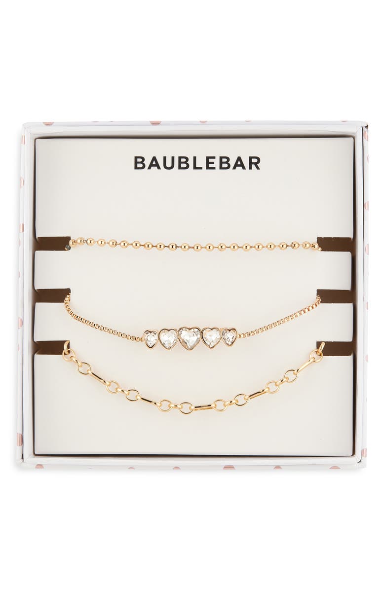 BaubleBar Layers of Love Set of 3 Crystal Heart & Chain Bracelets, Main, color, Gold