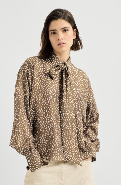 Silk dapple pongee pussybow blouse with monili