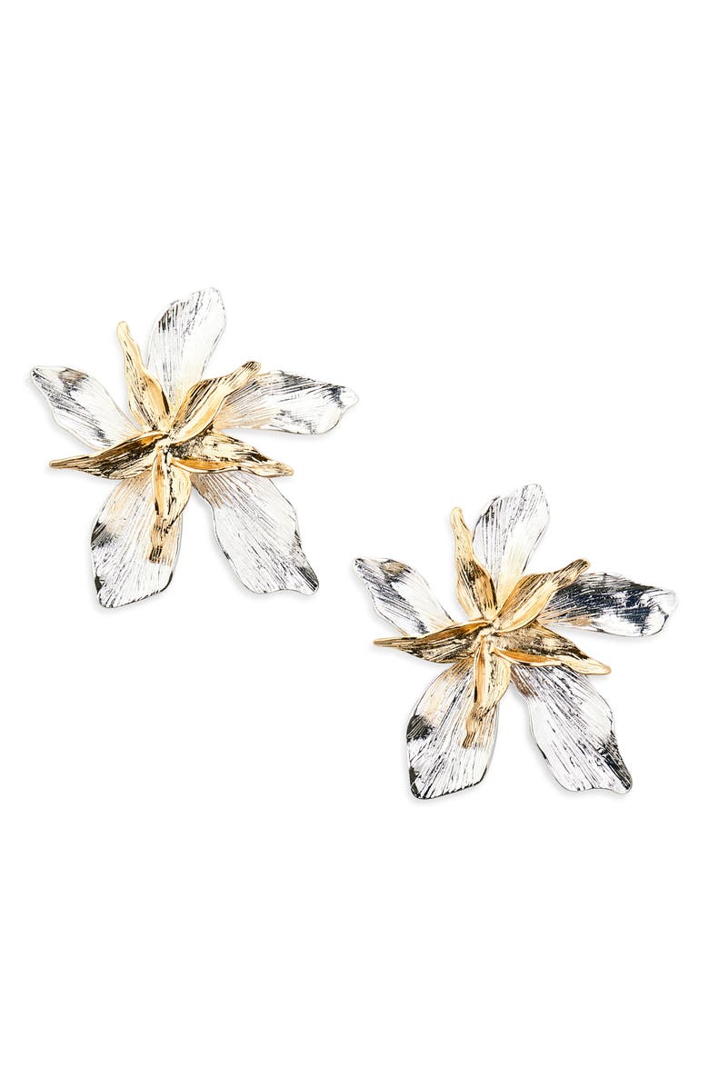 Cara Two-Tone Flower Stud Earrings, Main, color, Silver