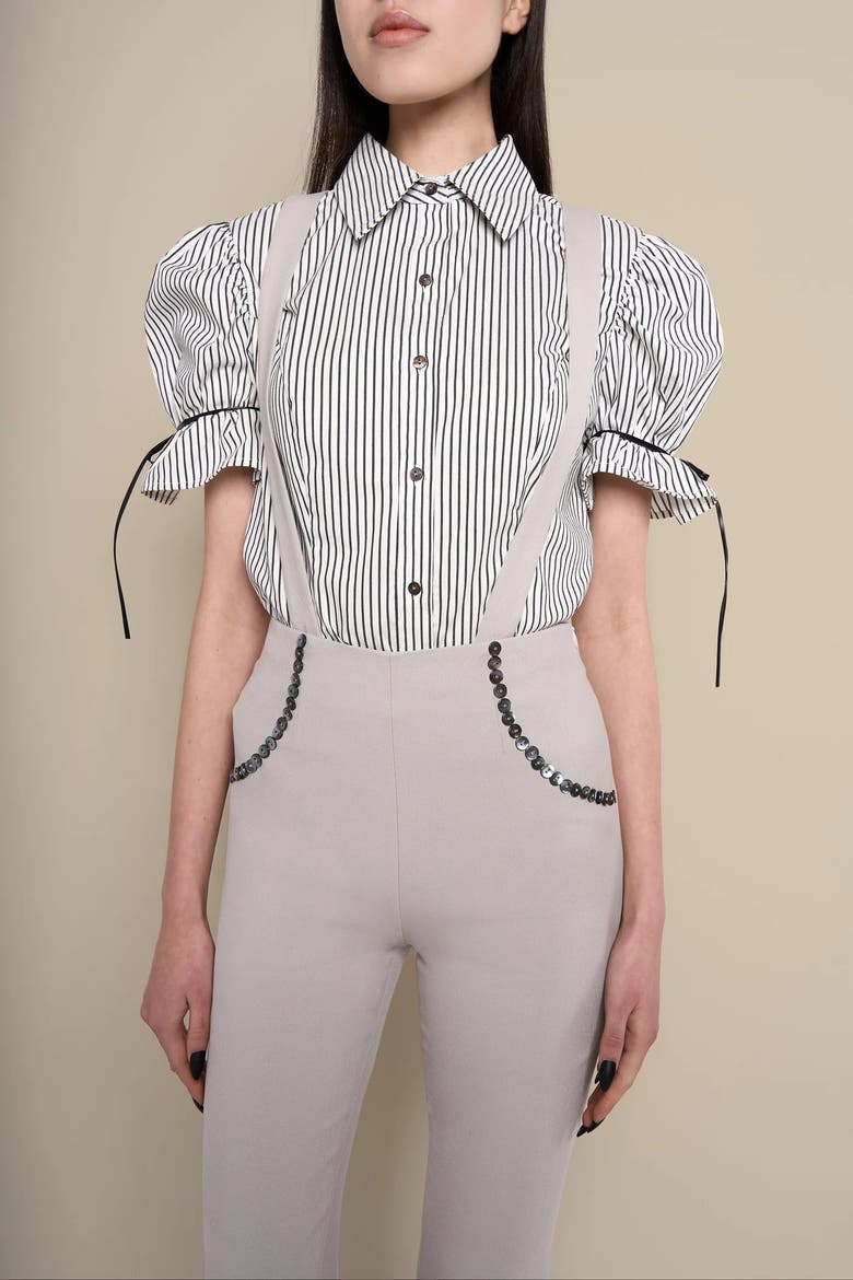 Thomasin Structured Puff-Sleeve Cotton Oxford Blouse, Alternate, color, Black-white