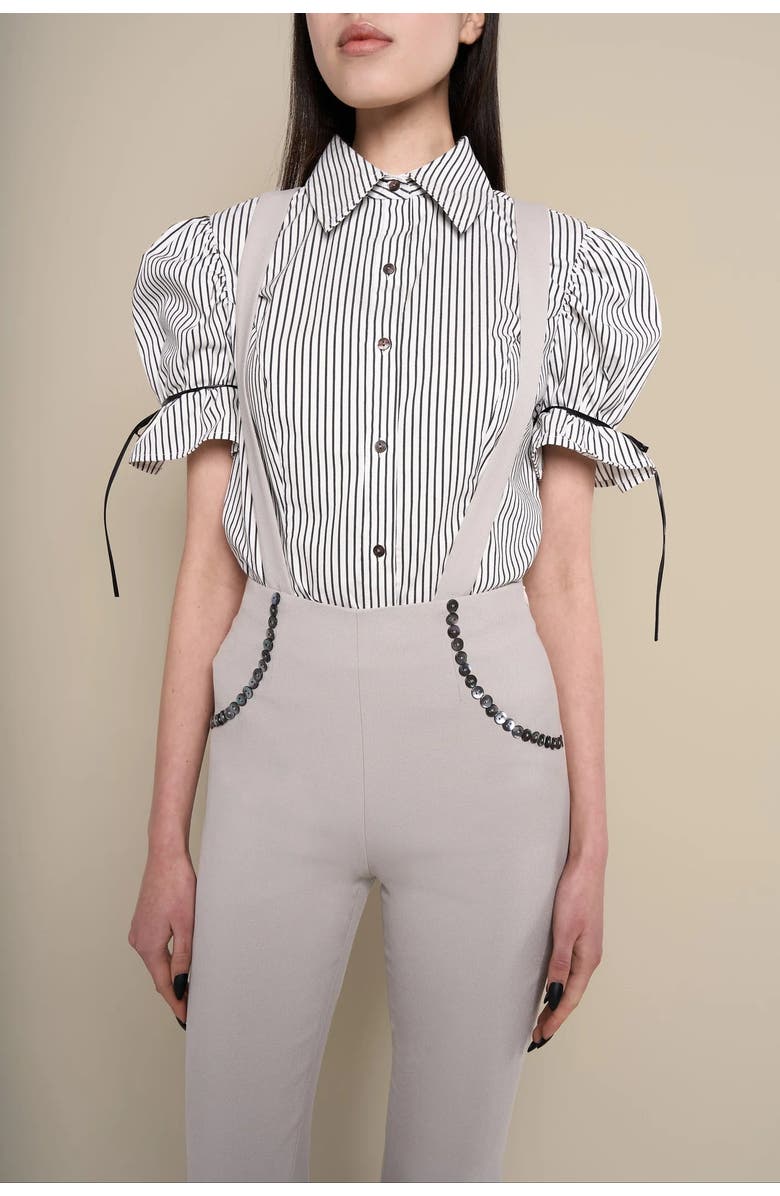 Contessa Mills Thomasin Structured Puff-Sleeve Cotton Oxford Blouse, Alternate, color, Black-White