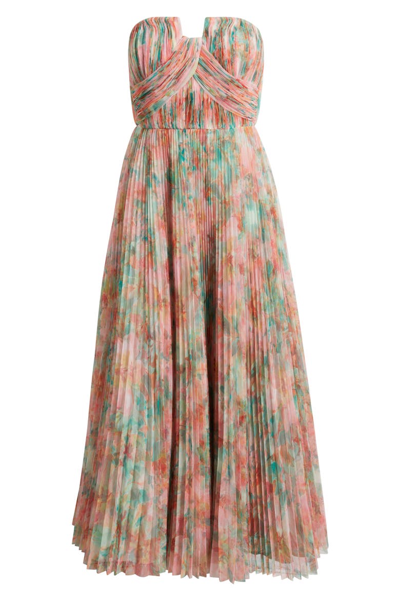 Pleated Strapless Mesh Gown, Alternate, color, MULTI AZALEA GARDEN