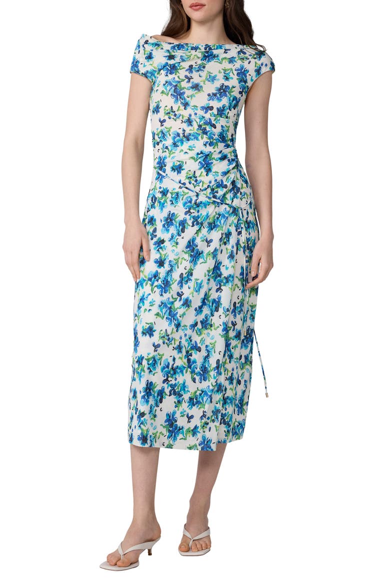 Wittrock Floral Off the Shoulder Faux Wrap Midi Dress, Main, color, MEADOW IBIZA BLUE
