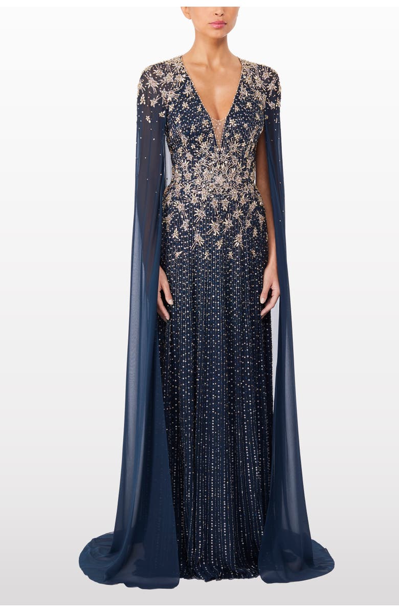 Jenny Packham Moonlight star-embellished cape-design maxi dress, Alternate, color, Blackthorne Blue