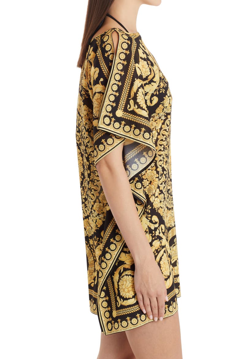 Barocco '91 Print Cold Shoulder Caftan Minidress, Alternate, color, BLACK/ GOLD