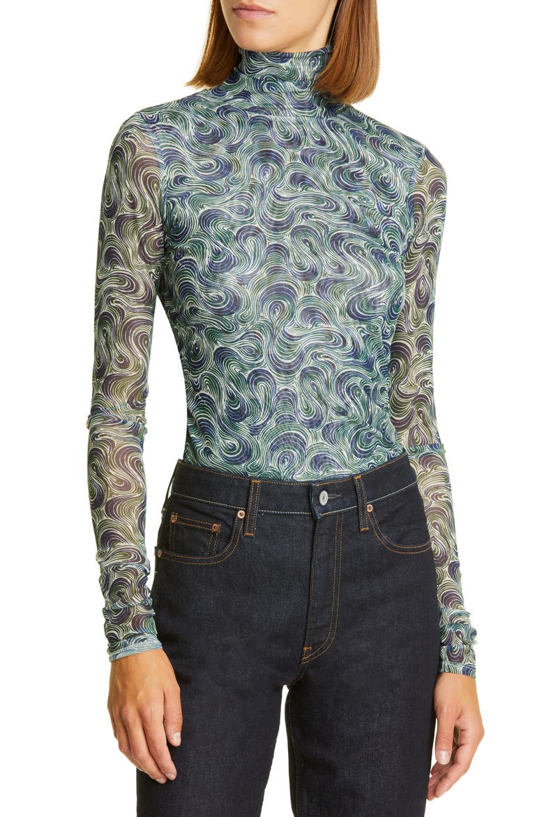 Shirred Long Sleeve Mesh Turtleneck Top, Main, color, DARK EMERALD MULTI