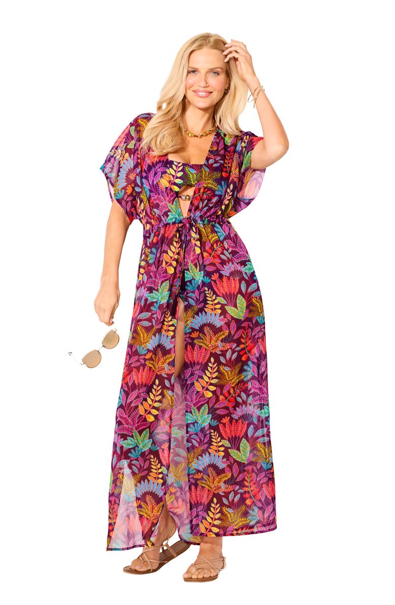 Swimsuits for All Open Front Tie-Waist Maxi Cover Up, Main, color, Black Cherry Boho