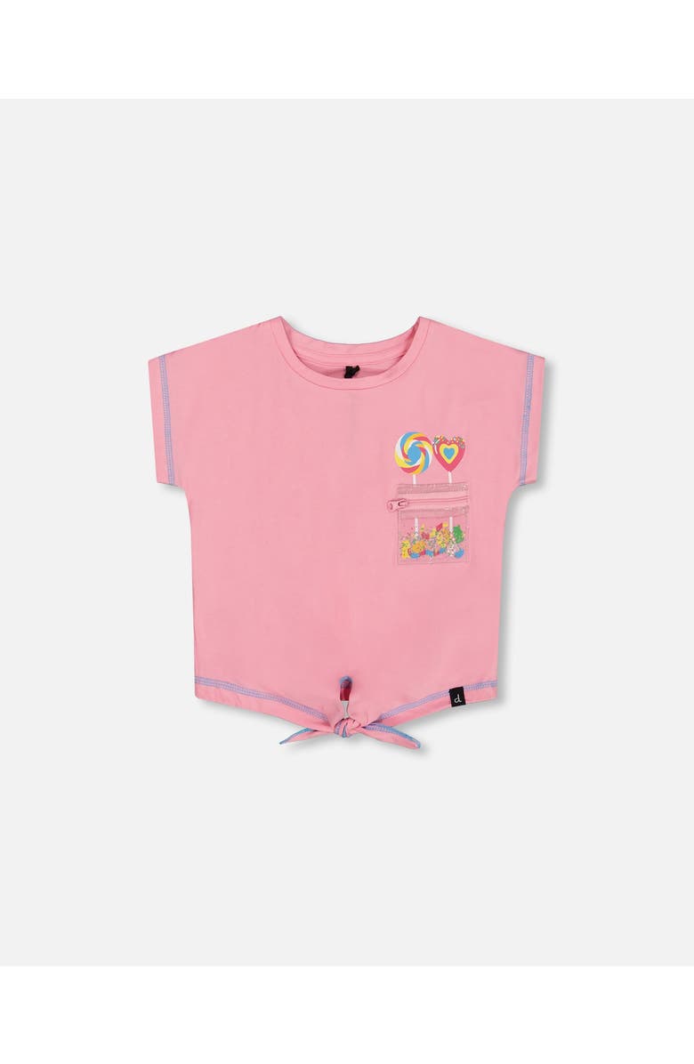 Deux par Deux Little Girl's Organic Cotton Tee With Print And Knot Candy Pink, Main, color, 
