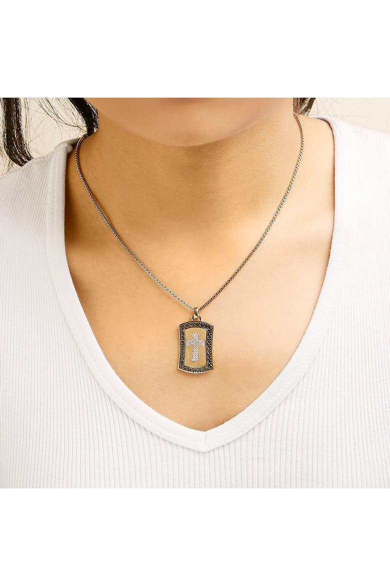 14K Yellow Gold Plated Sterling Silver 1/4 Cttw Diamond Cross Dog Tag Pendant Necklace, Alternate, color, Yellow Gold over Silver