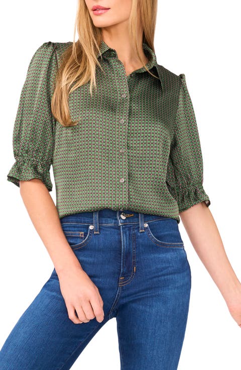 Geo Print Elbow Sleeve Button-Up Satin Shirt