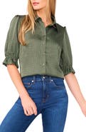 CeCe Geo Print Elbow Sleeve Button-Up Satin Shirt