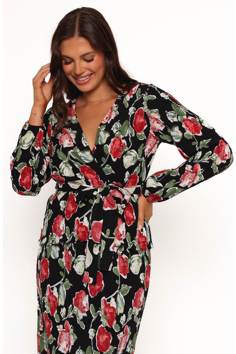 Minelli Floral Long Sleeve Faux Wrap Top, Alternate, color, BLACK ROSE