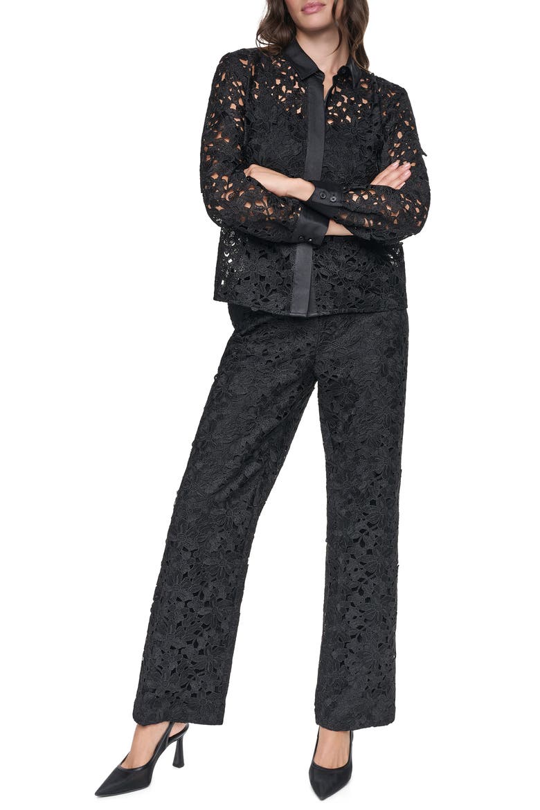 Floral Lace Button Down Shirt, Alternate, color, BLACK