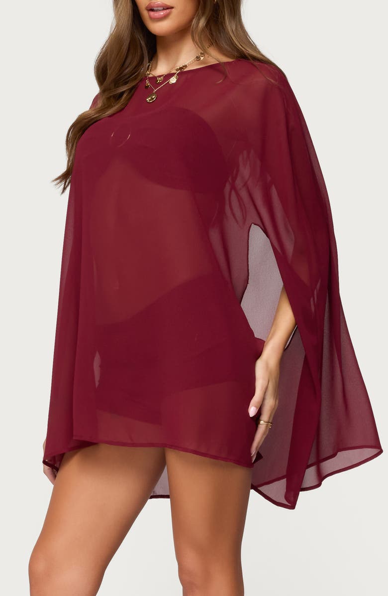 EDIKTED Mckenzie Sheer Chiffon Poncho, Alternate, color, Burgundy
