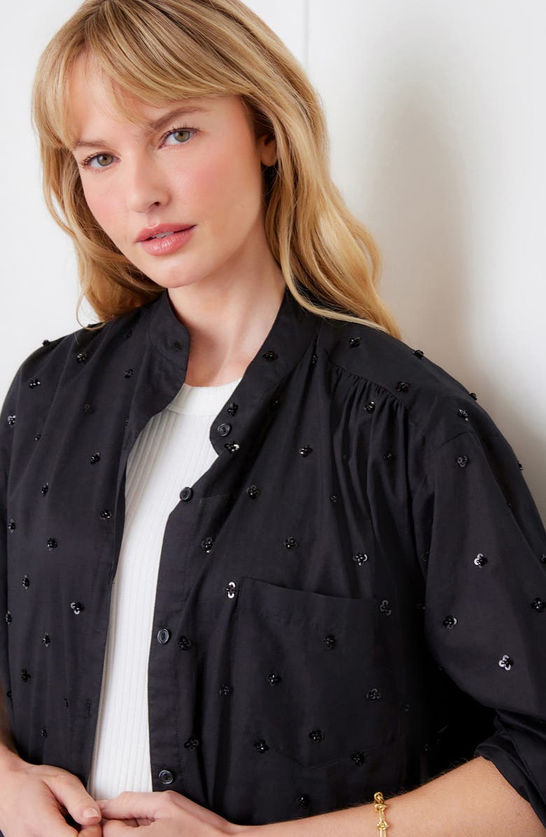 Karen Kane Floral Embellished Button-Up Shirt, Alternate, color, Black