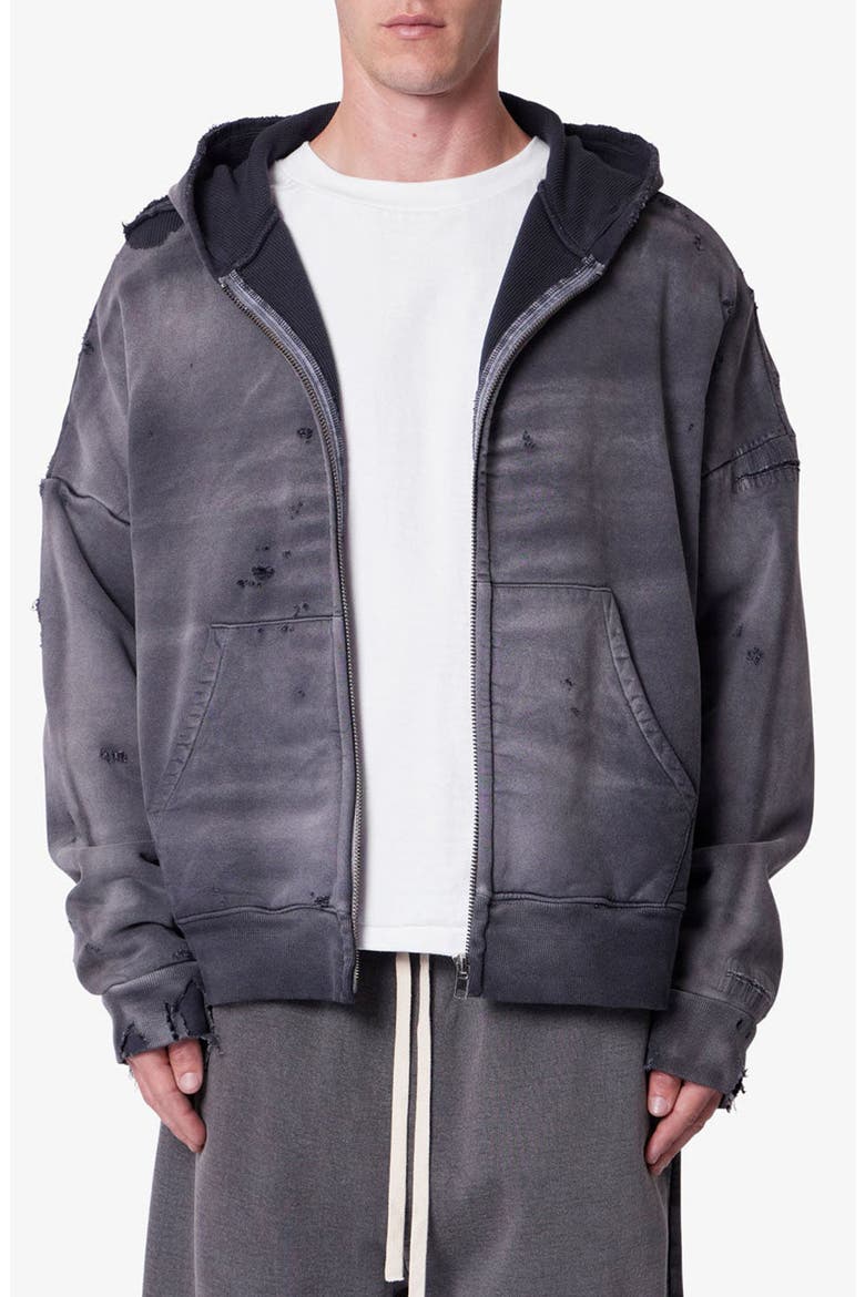 Distressed Thermal Lined ZIp Hoodie, Main, color, BLACK