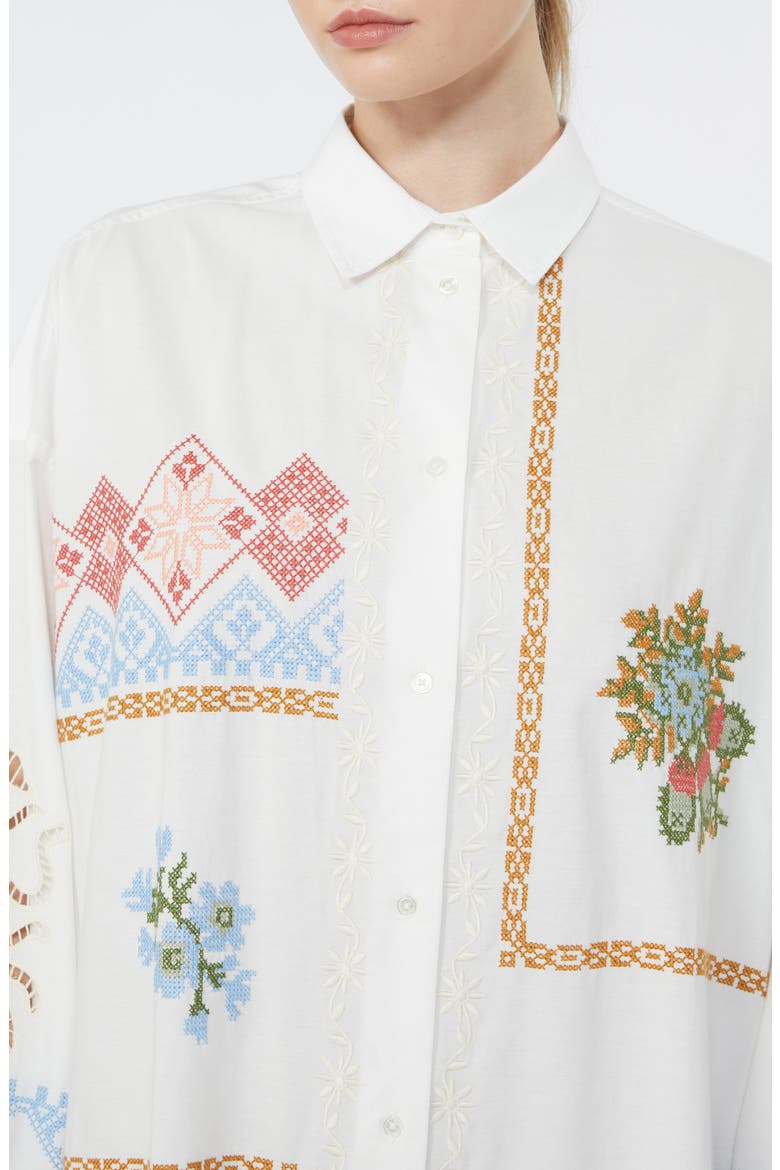Embroidered Detail Long Sleeve Cotton Shirtdress, Alternate, color, WHITE