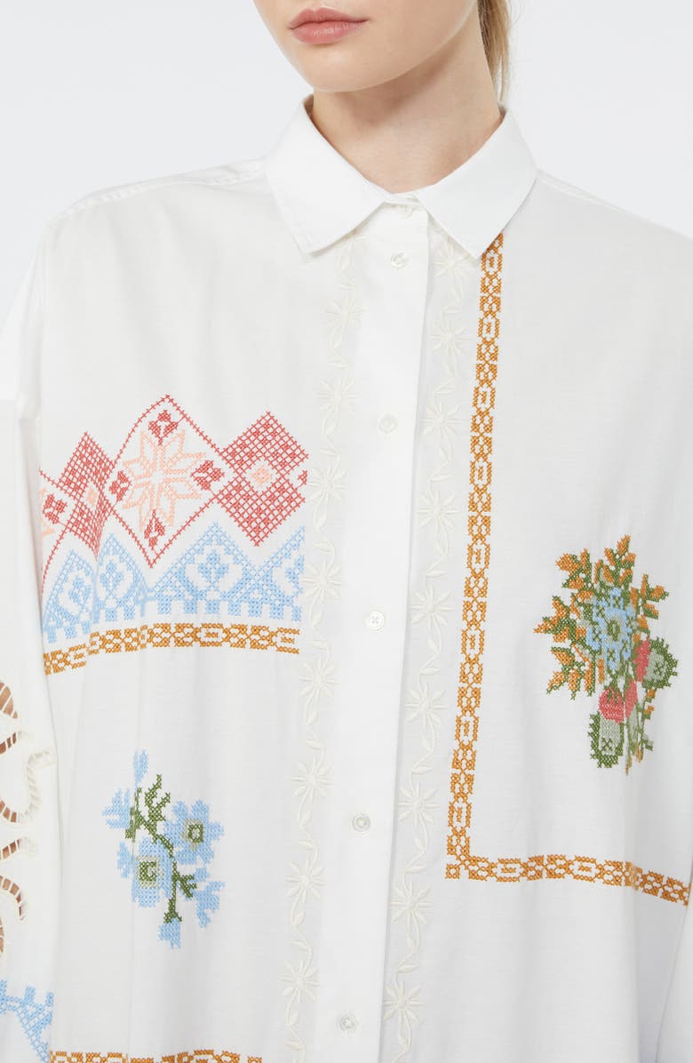 Weekend Max Mara Embroidered Detail Long Sleeve Cotton Shirtdress, Alternate, color, White