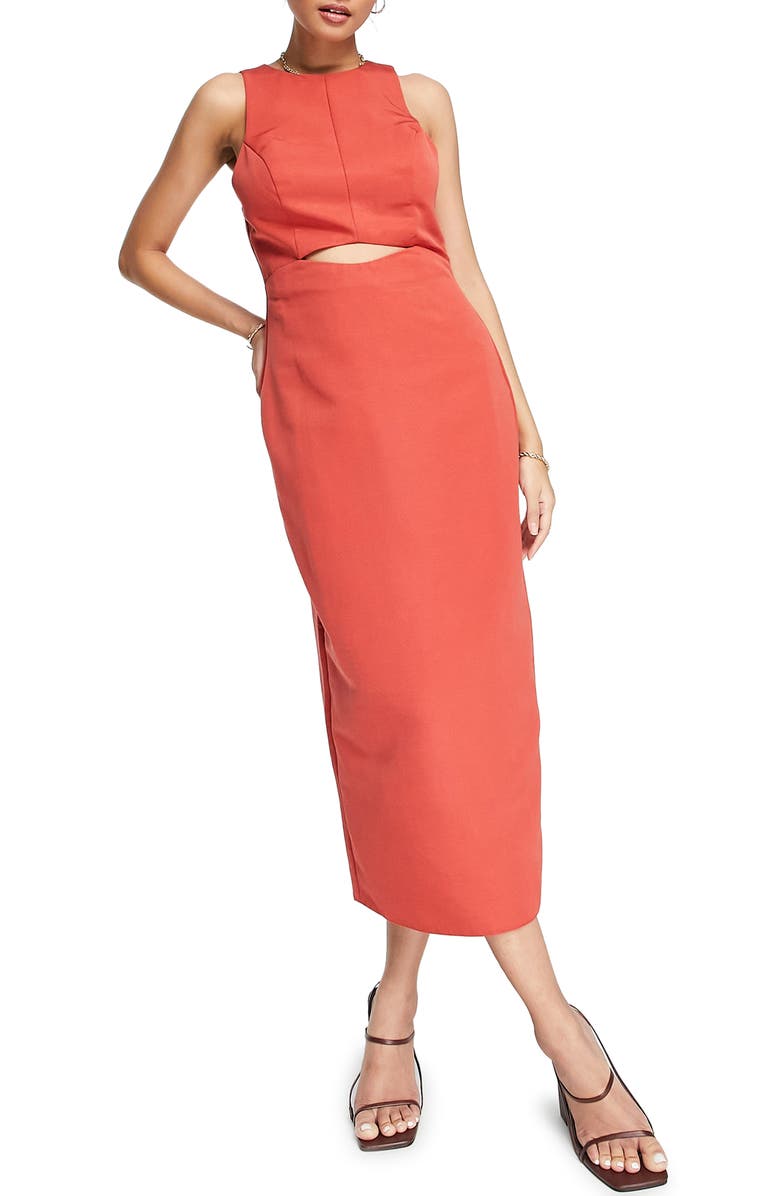 ASOS DESIGN Cutout Midriff Sleeveless Midi Dress, Main, color,